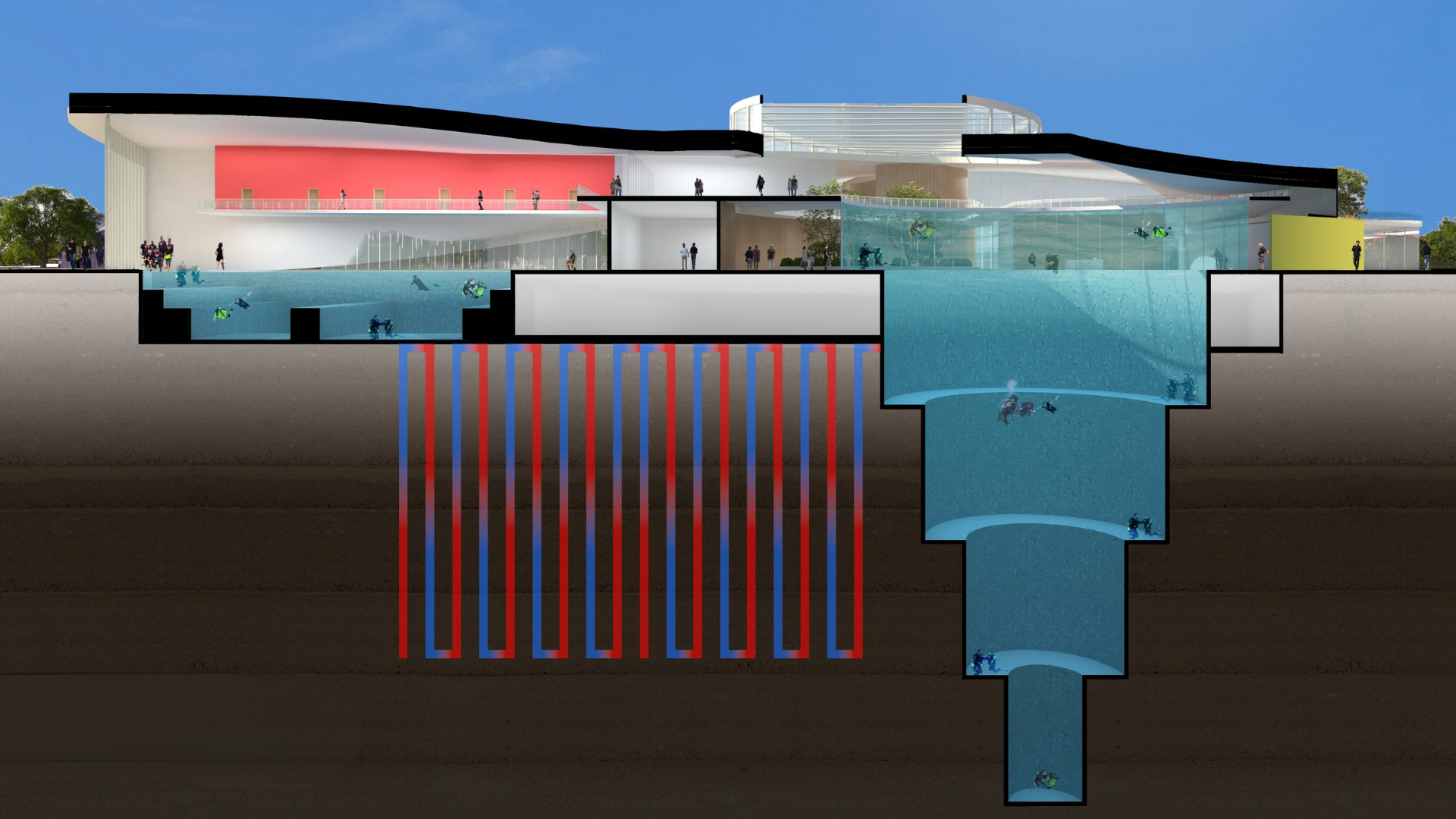 Detailed architectural rendering of the Diveheart Deep Pool Project adaptive scuba training facility